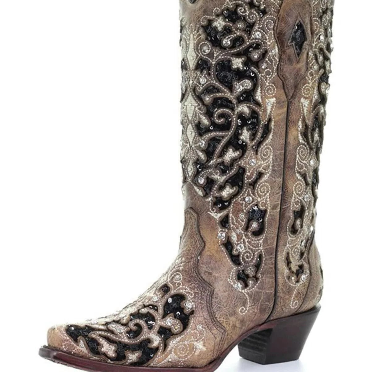 Sequined Knee High Boots with Pointed Toe and Block Heel, Color Block Embroidery