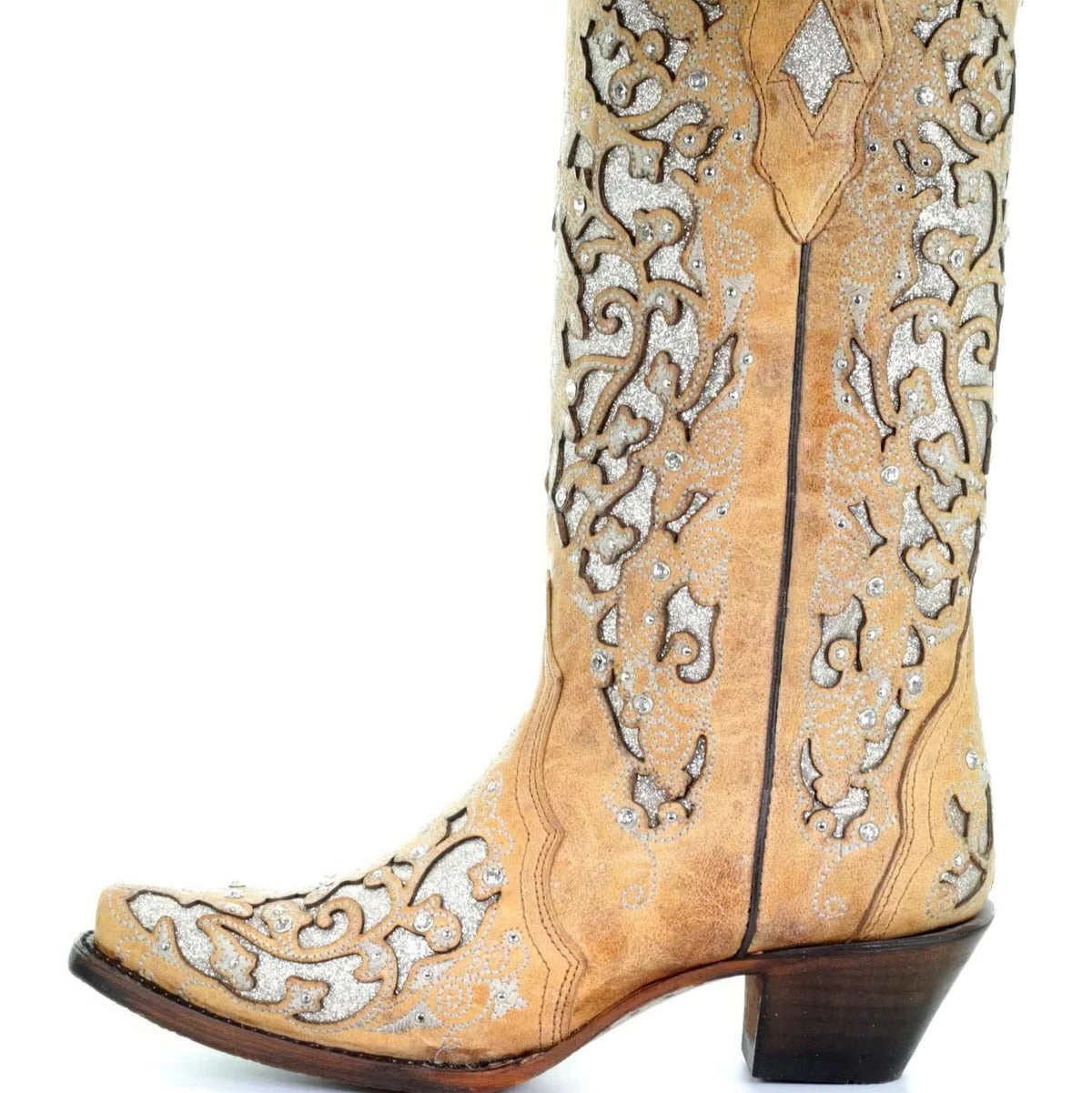 Sequined Knee High Boots with Pointed Toe and Block Heel, Color Block Embroidery