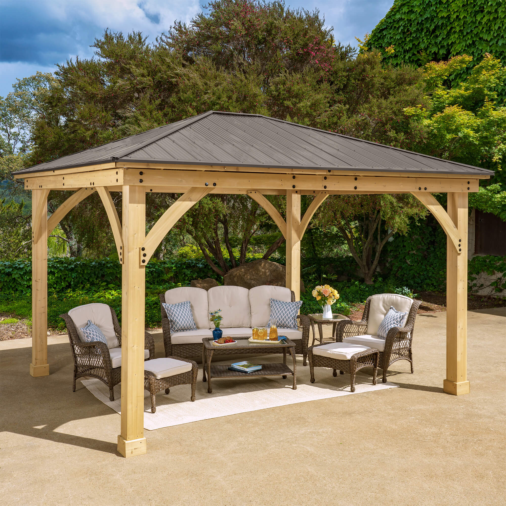 Outdoor Haven Cedar Wood Gazebo with Aluminum Roof Natural Finish, Patio Shelter