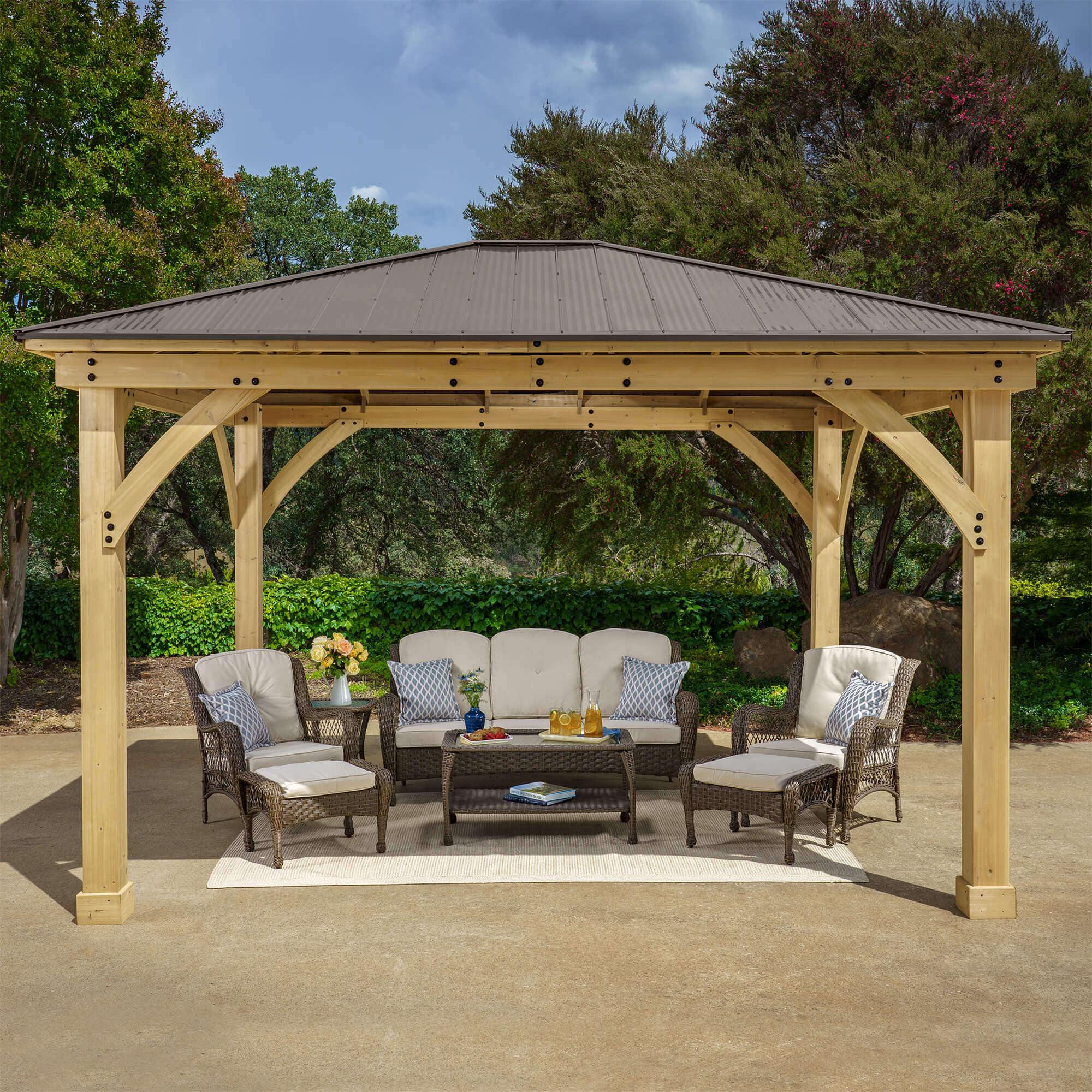 Outdoor Haven Cedar Wood Gazebo with Aluminum Roof Natural Finish, Patio Shelter
