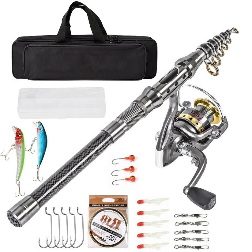 Telescopic Fishing Rod and Reel Combo with Carbon Fiber Construction and Carrying Bag