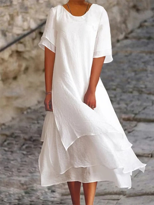 Spring Dress with Embroidered Accents and Button Closure, Lightweight Cotton Linen