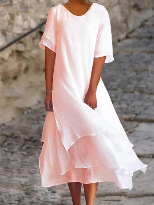 Spring Dress with Embroidered Accents and Button Closure, Lightweight Cotton Linen