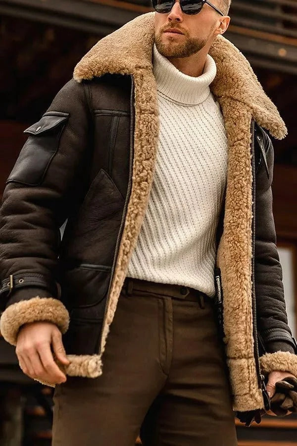 Genuine Sheepskin Leather Jacket with Internal Lining and Hand Pockets for Men