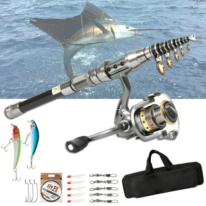 Telescopic Fishing Rod and Reel Combo with Carbon Fiber Construction and Carrying Bag