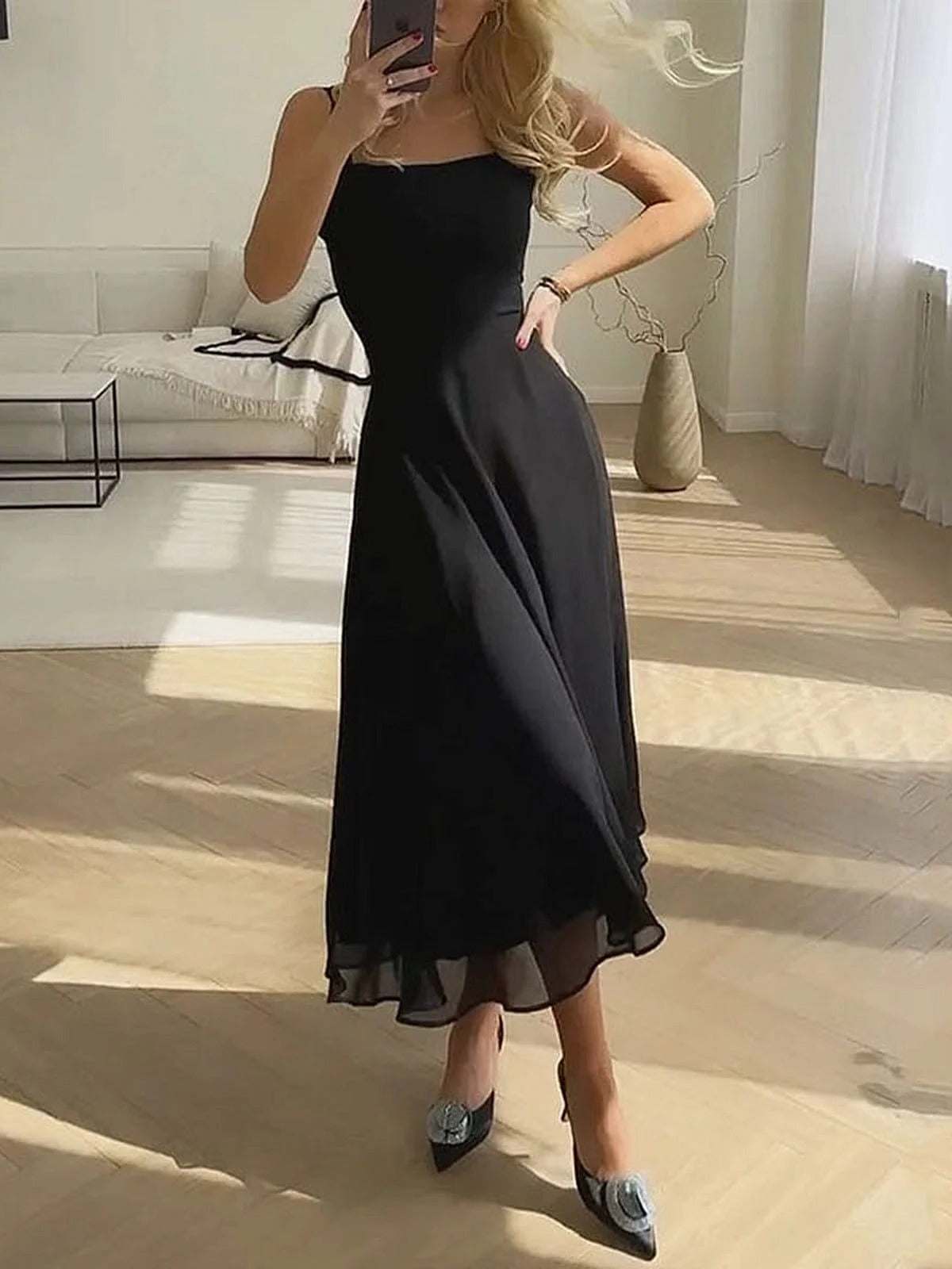 Women's Midi Dress with Square Neckline and Fitted A-Line Skirt