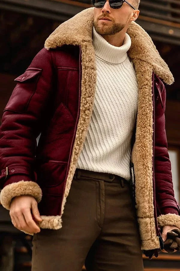 Genuine Sheepskin Leather Jacket with Internal Lining and Hand Pockets for Men