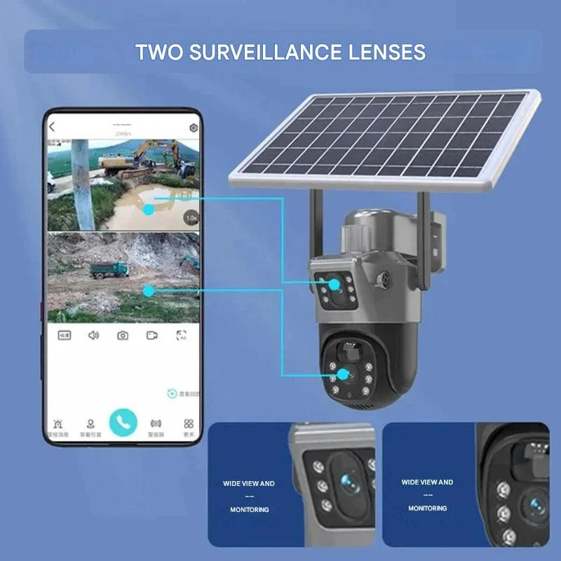 4K Wireless Security Camera with Dual Lens 10X Zoom and 360 Degree Rotation, Solar Powered