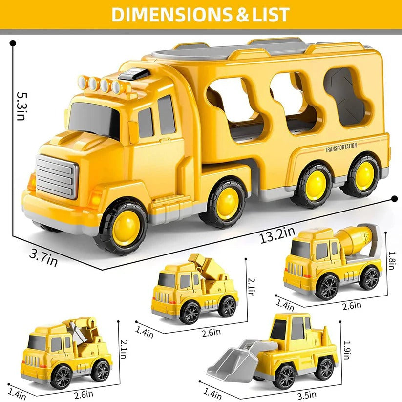 Friction Powered Construction Carrier with 4 Trucks and Lights, Foldable Ramp