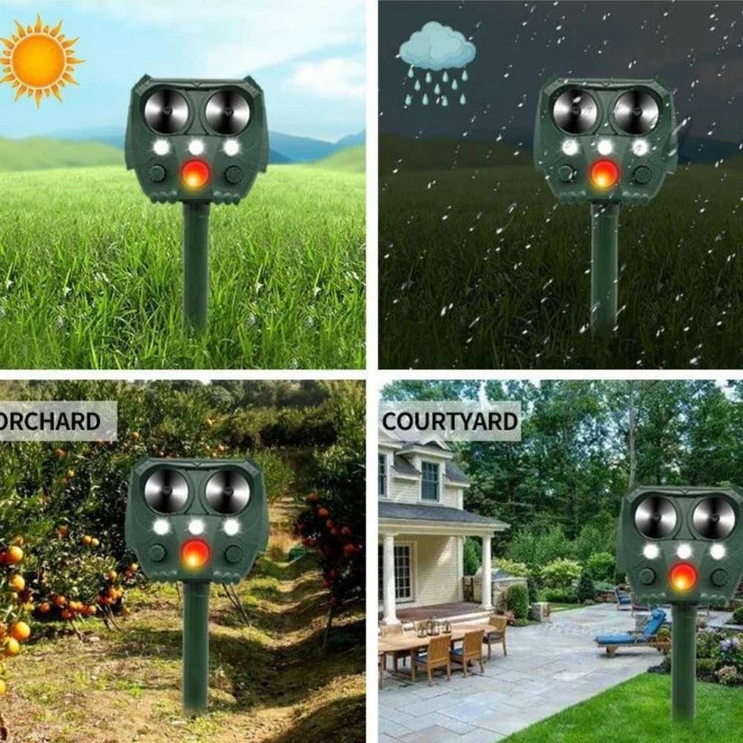 Motion Activated Ultrasonic Animal Deterrent with Solar Power and Flashing Lights for Gardens