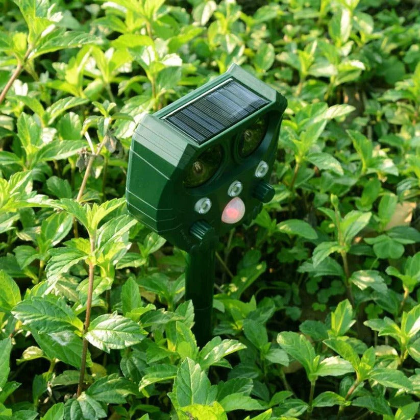 Motion Activated Ultrasonic Animal Deterrent with Solar Power and Flashing Lights for Gardens