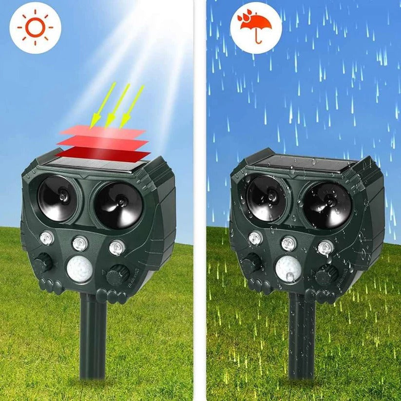 Motion Activated Ultrasonic Animal Deterrent with Solar Power and Flashing Lights for Gardens