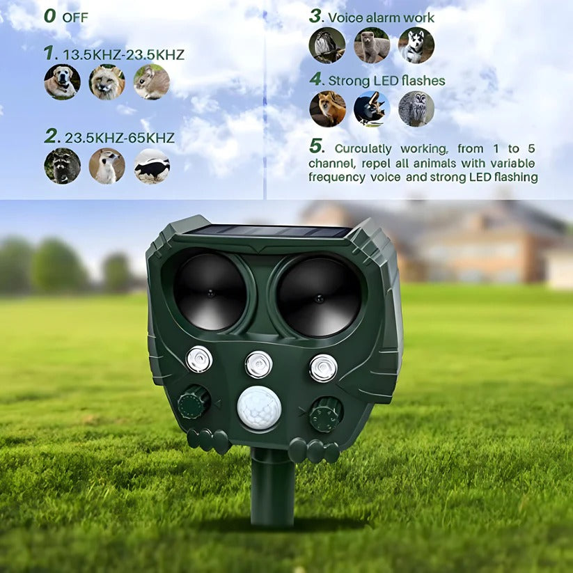Motion Activated Ultrasonic Animal Deterrent with Solar Power and Flashing Lights for Gardens