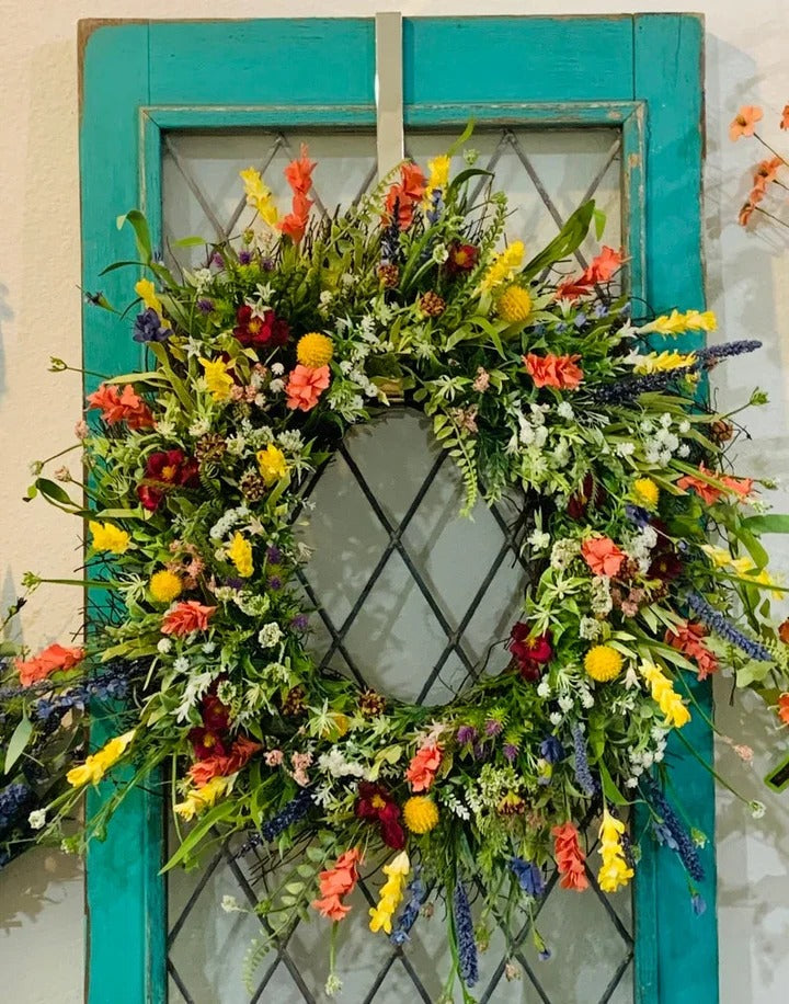 Handcrafted Silk Buttercup Wreath with Grapevine Base and Eucalyptus Foliage