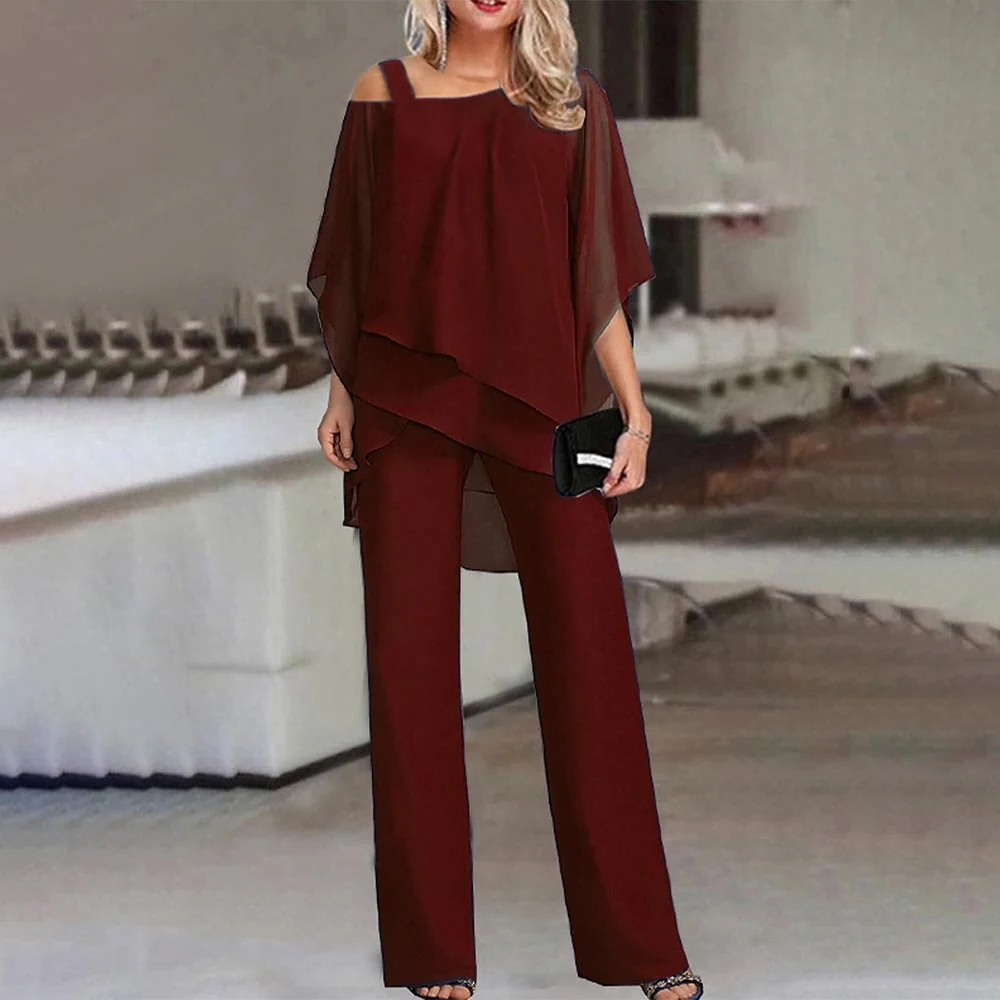 Women's Cold Shoulder Top and Long Trousers Set with Versatile Styling