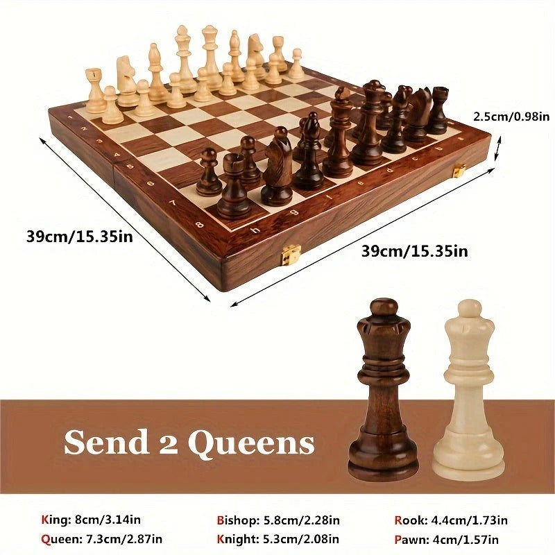 Chess Set with 34 Wood Pieces and 15.7in Board, Brown Finish