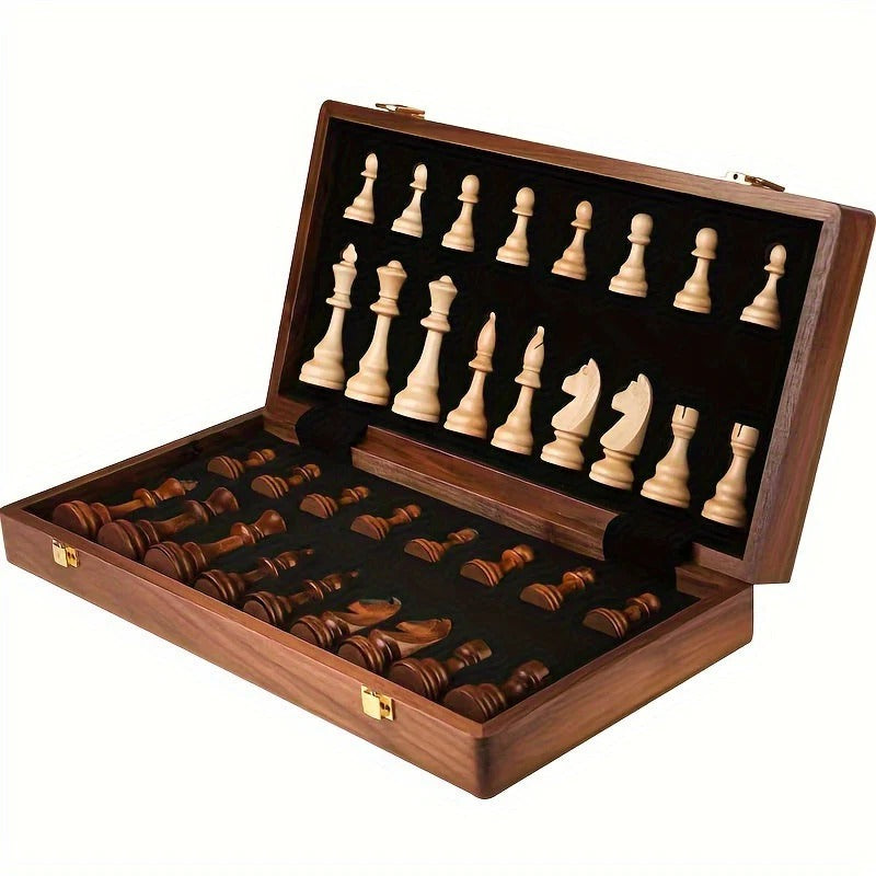 Chess Set with 34 Wood Pieces and 15.7in Board, Brown Finish