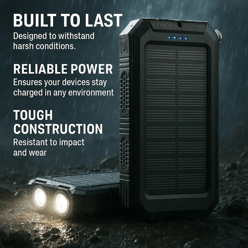 Solar Power Bank 500000mAh with Dual USB Ports and LED Flashlight, IP44 Waterproof