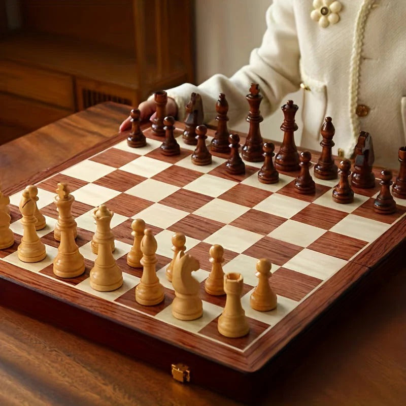 Chess Set with 34 Wood Pieces and 15.7in Board, Brown Finish