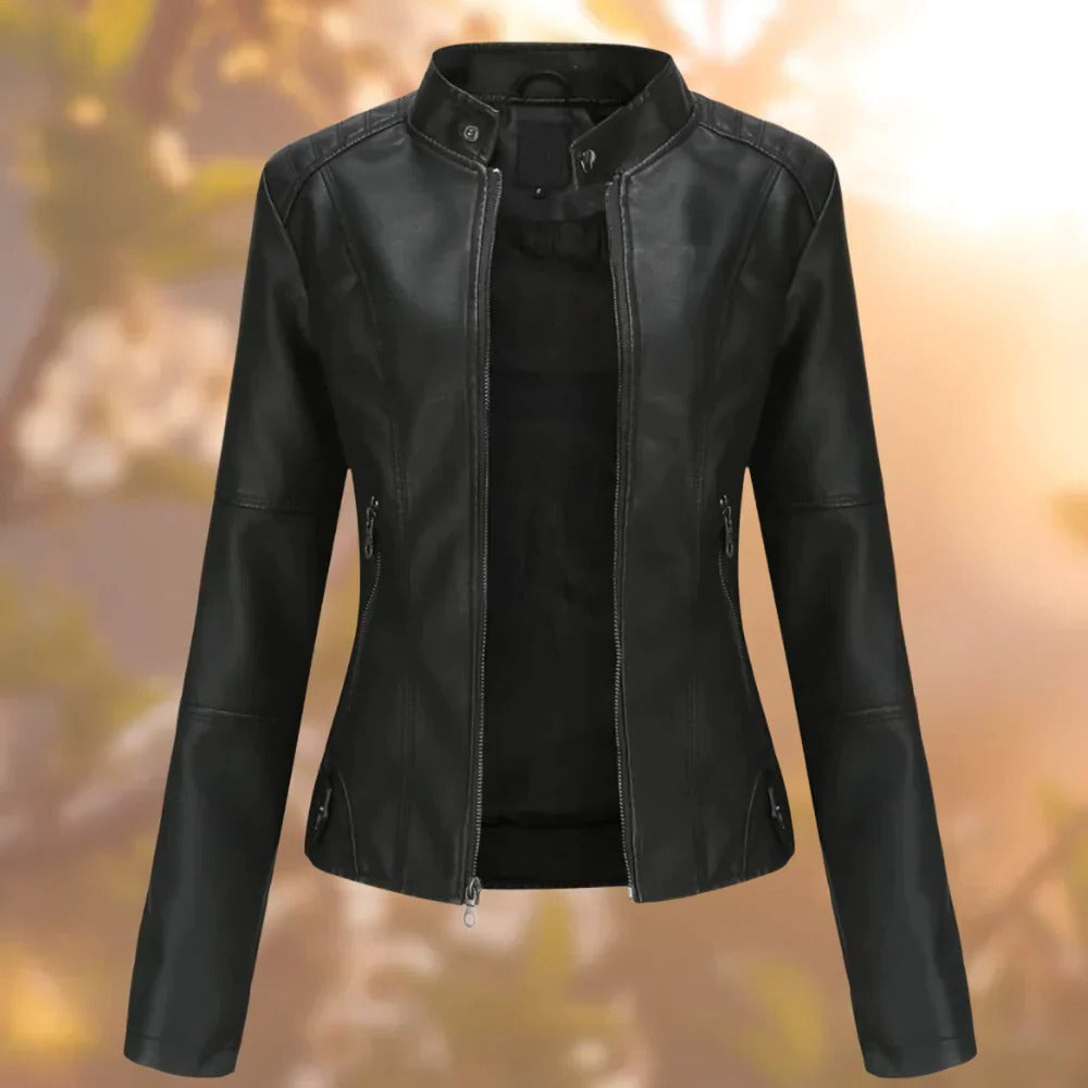 Leather Jacket with Stand-Up Collar and Metallic Accents, Women's Sizes S-3XL