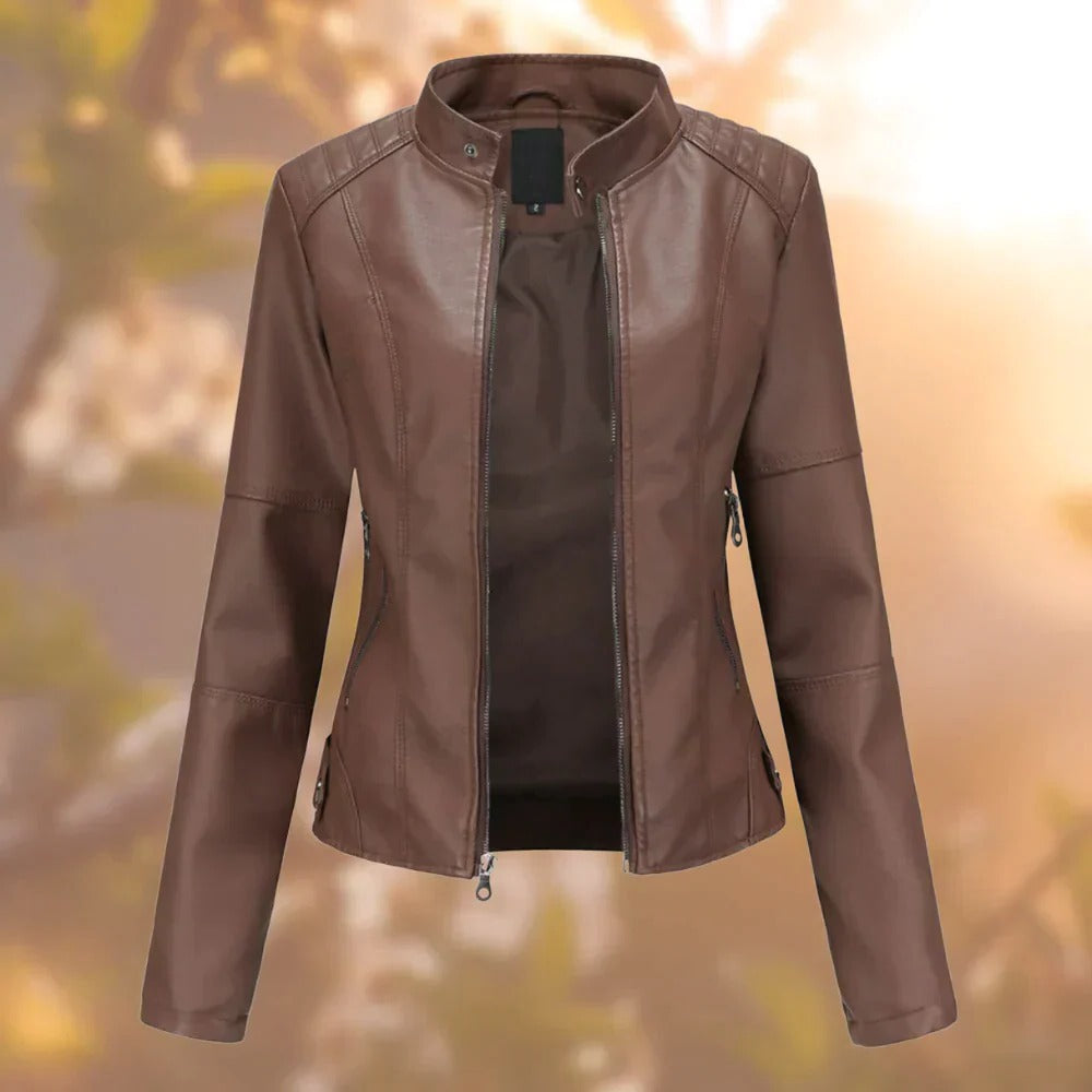 Leather Jacket with Stand-Up Collar and Metallic Accents, Women's Sizes S-3XL