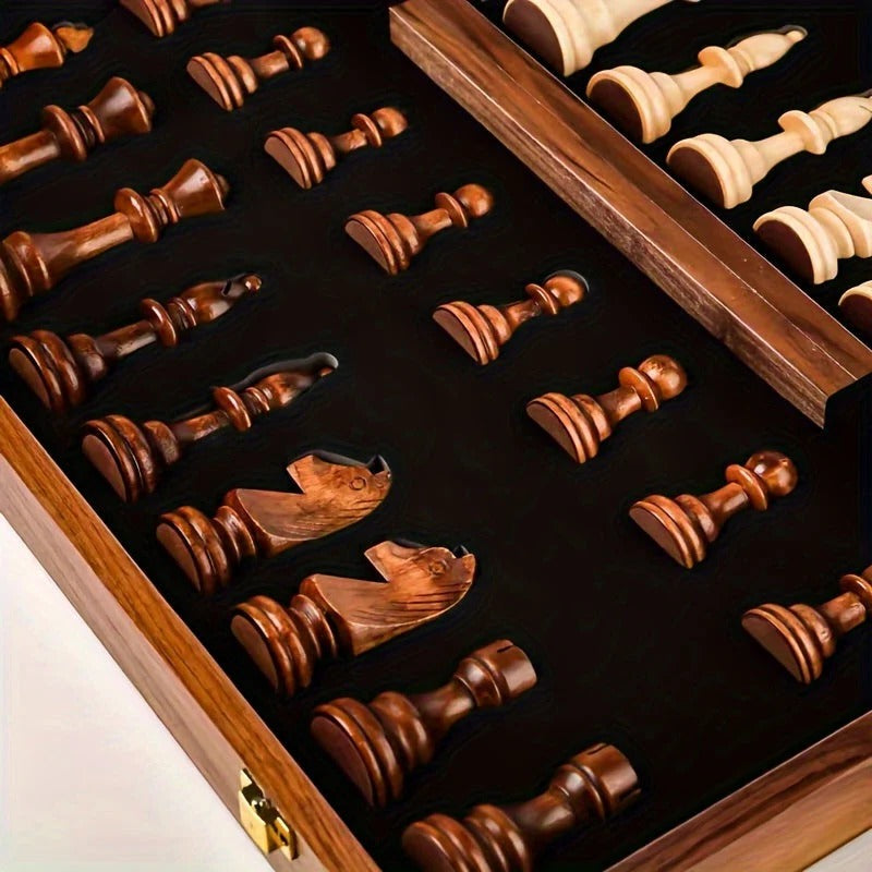 Chess Set with 34 Wood Pieces and 15.7in Board, Brown Finish