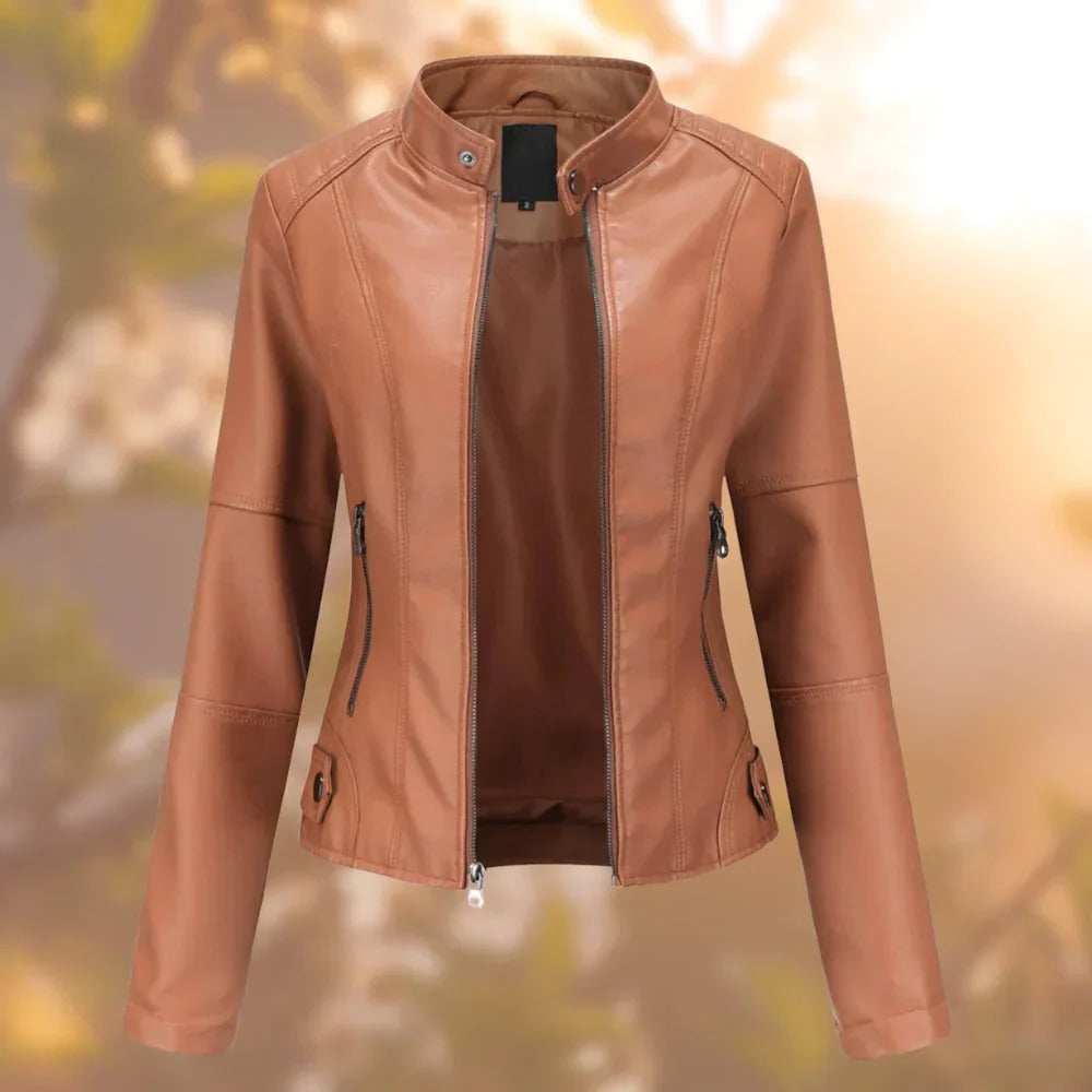 Leather Jacket with Stand-Up Collar and Metallic Accents, Women's Sizes S-3XL