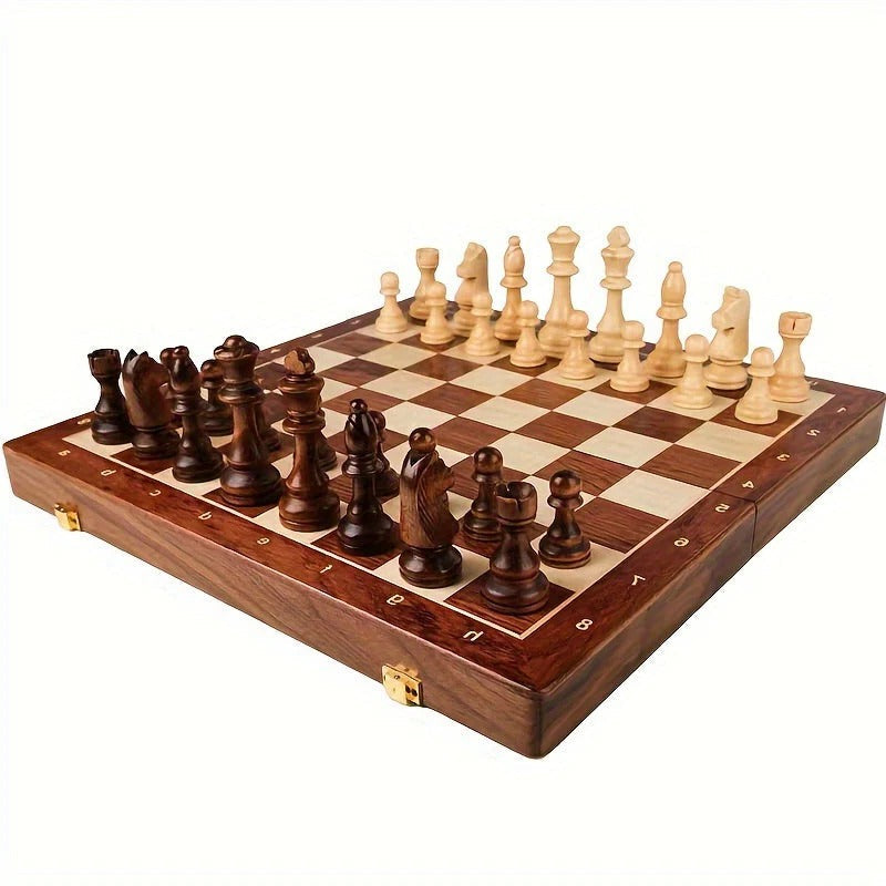 Chess Set with 34 Wood Pieces and 15.7in Board, Brown Finish