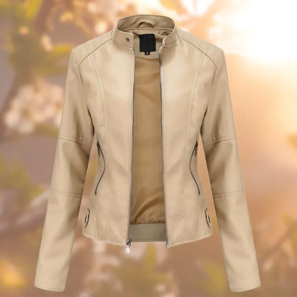 Leather Jacket with Stand-Up Collar and Metallic Accents, Women's Sizes S-3XL