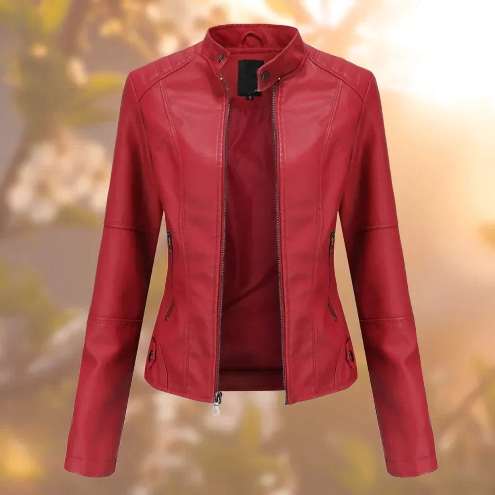 Leather Jacket with Stand-Up Collar and Metallic Accents, Women's Sizes S-3XL