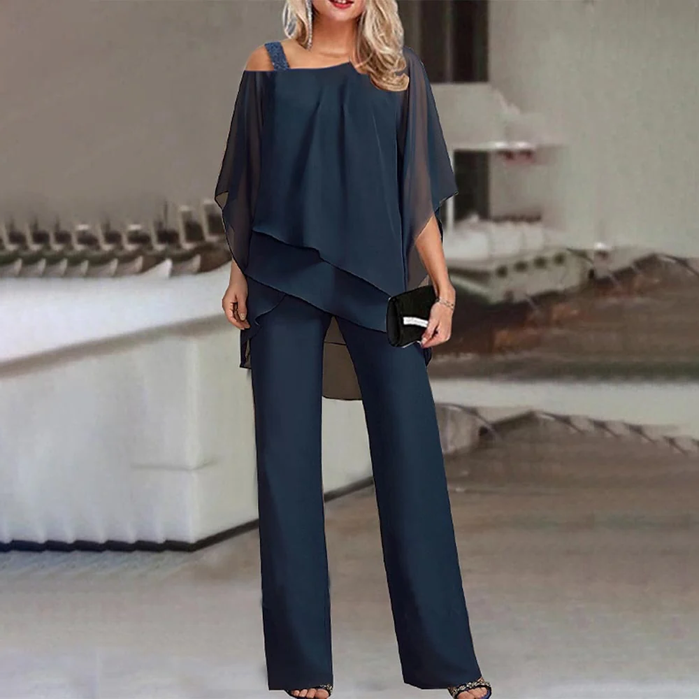 Women's Cold Shoulder Top and Long Trousers Set with Versatile Styling