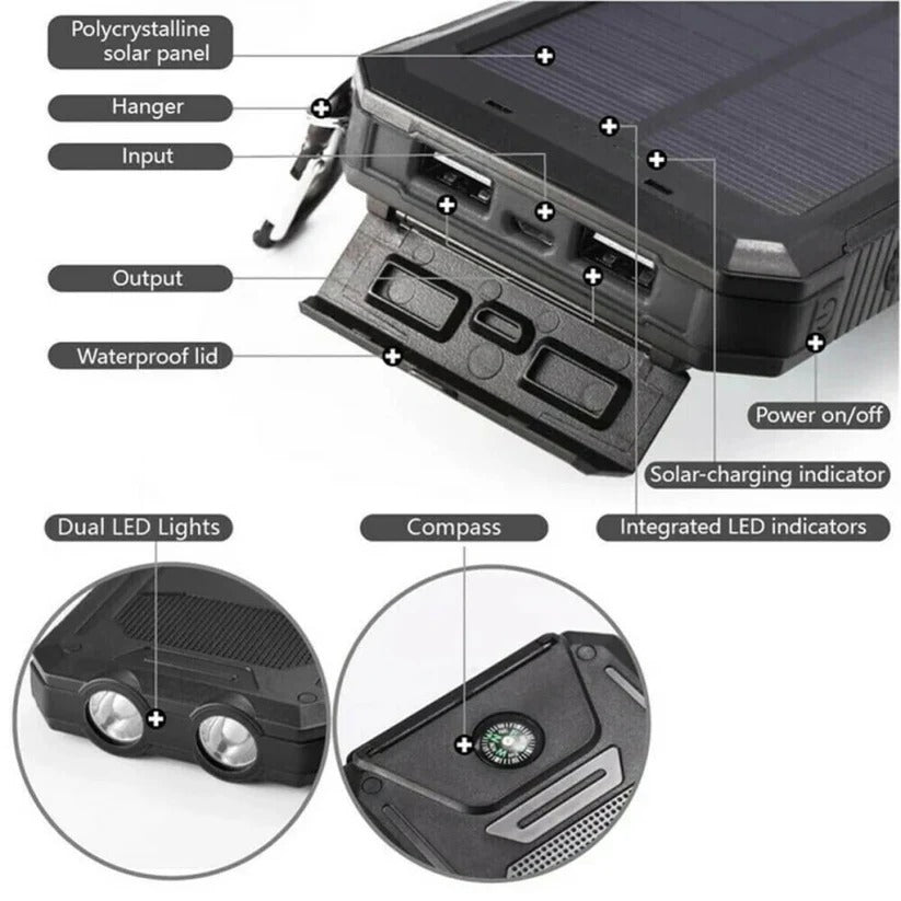 Solar Power Bank 500000mAh with Dual USB Ports and LED Flashlight, IP44 Waterproof