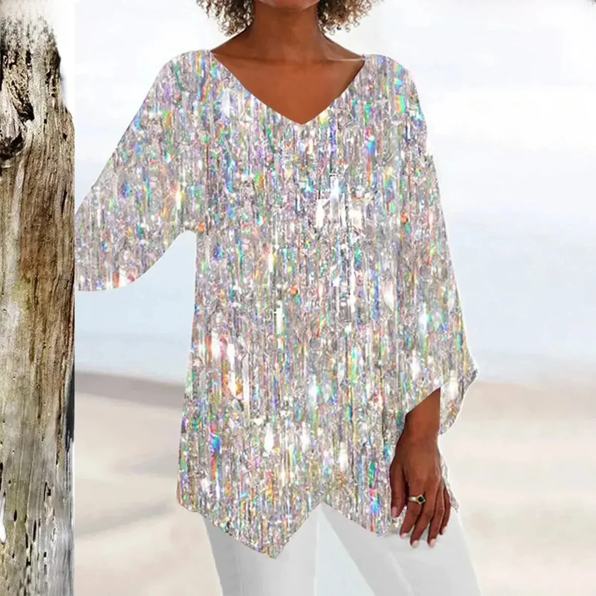 Vintage V-Neck Top with Body-Skimming Fit and Machine Washable Fabric