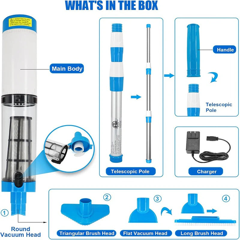 Cordless Pool Cleaner with Adjustable Pole and Three Interchangeable Brush Heads, 90-Minute Runtime