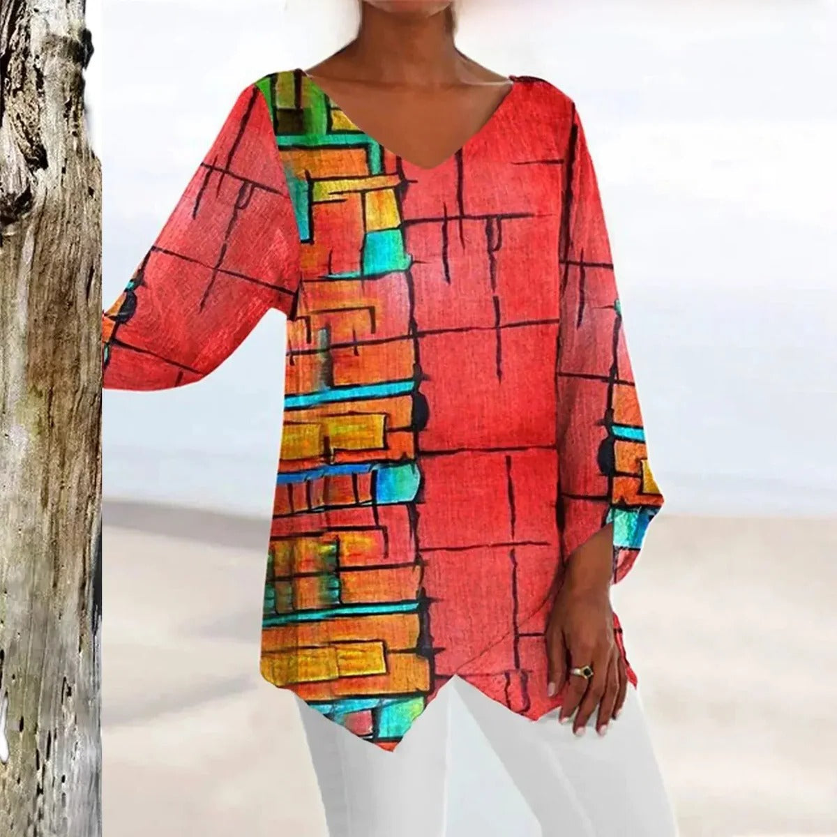 Vintage V-Neck Top with Body-Skimming Fit and Machine Washable Fabric