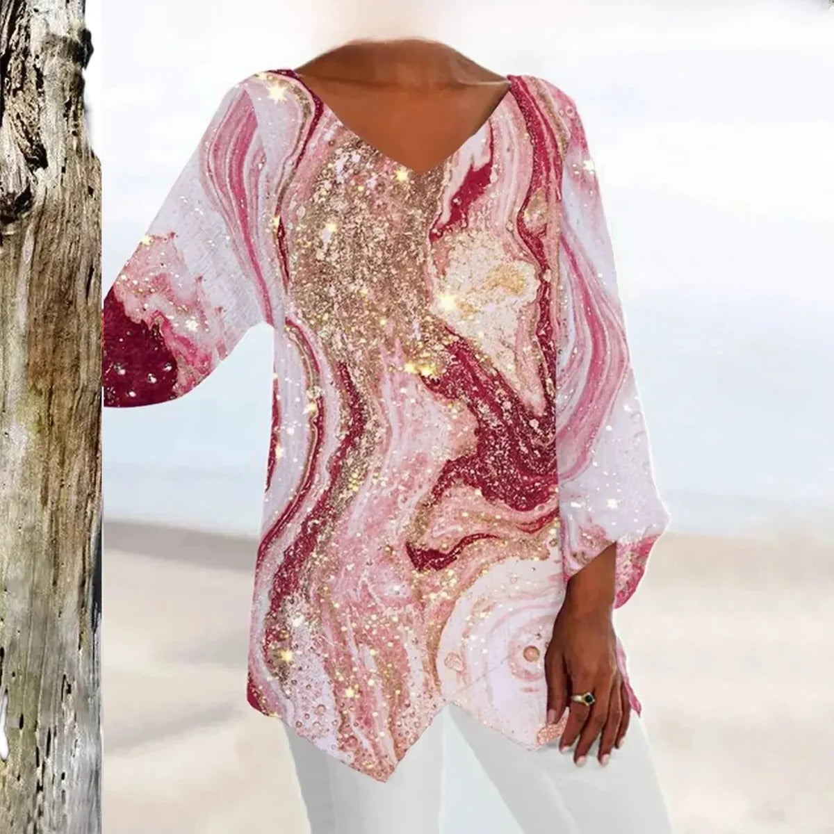 Vintage V-Neck Top with Body-Skimming Fit and Machine Washable Fabric