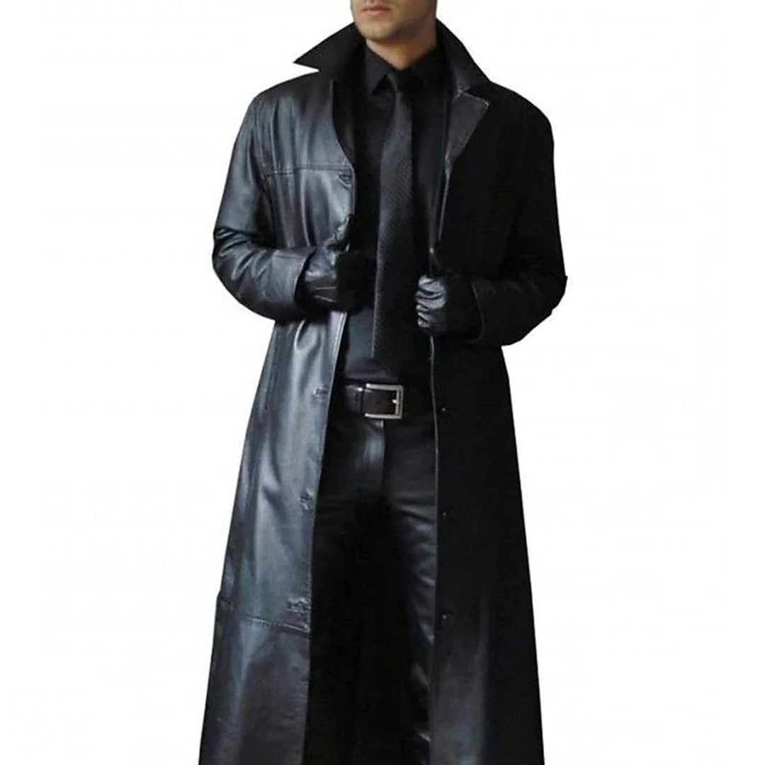 Genuine Leather Coat with Thermal Insulation and Adjustable Collar, Hip Length
