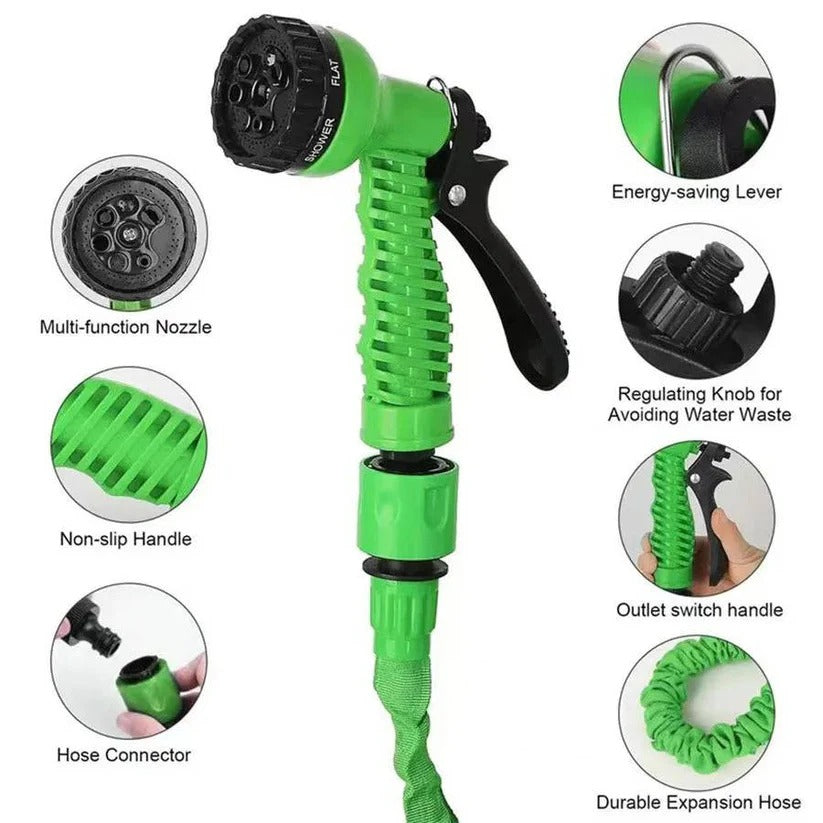 Expandable Garden Hose with Seven Spray Patterns and Flow Control Lever