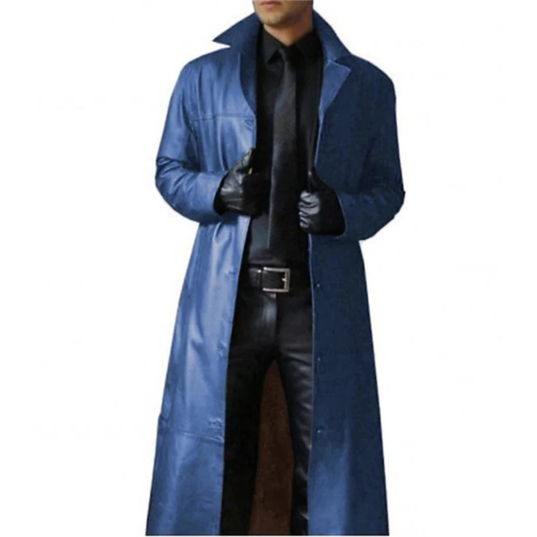 Genuine Leather Coat with Thermal Insulation and Adjustable Collar, Hip Length