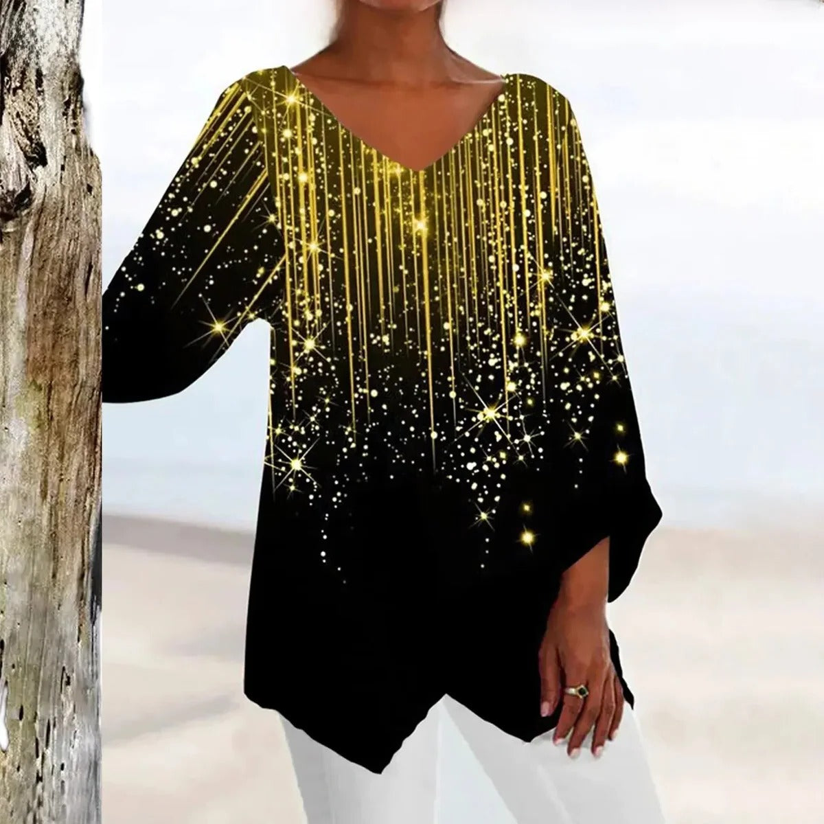 Vintage V-Neck Top with Body-Skimming Fit and Machine Washable Fabric