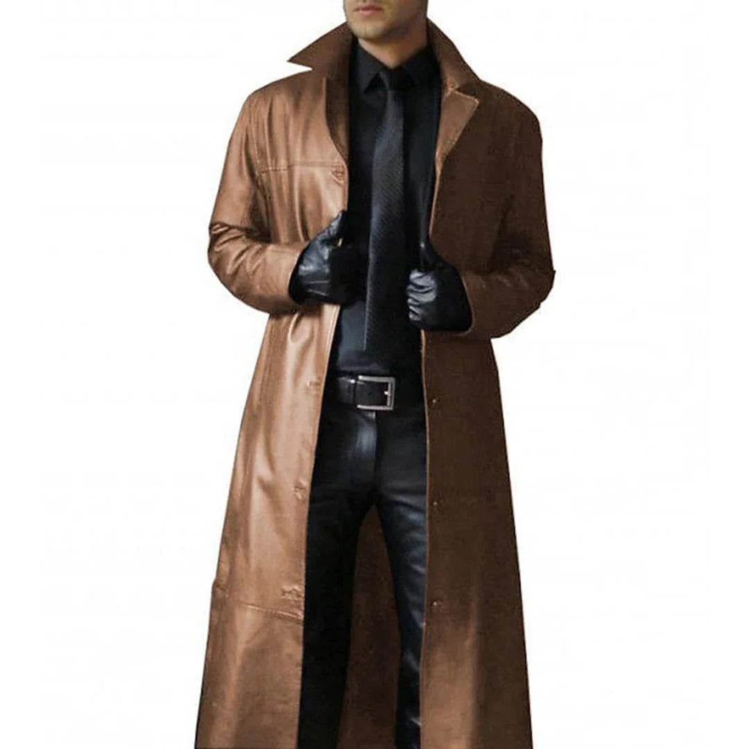 Genuine Leather Coat with Thermal Insulation and Adjustable Collar, Hip Length