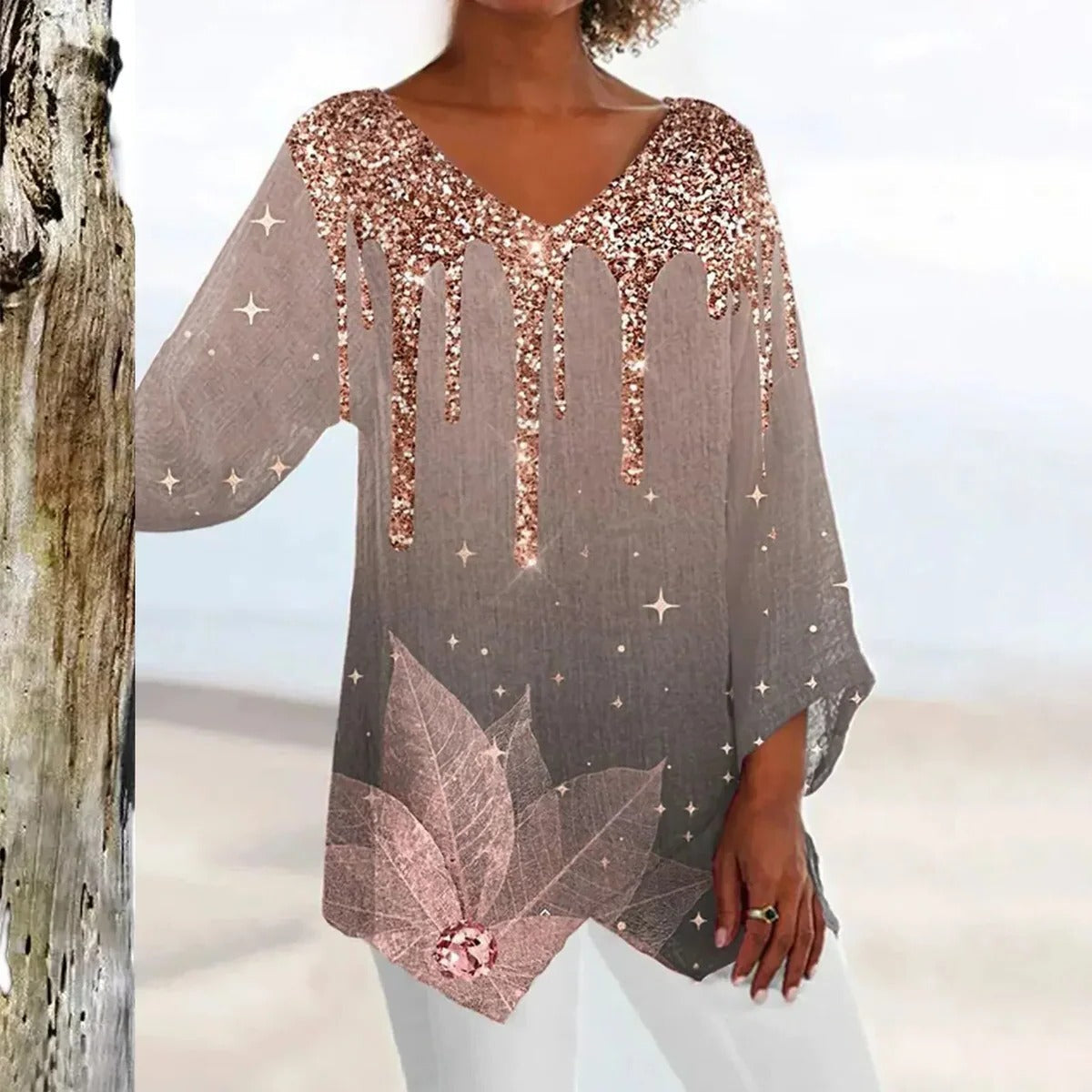 Vintage V-Neck Top with Body-Skimming Fit and Machine Washable Fabric