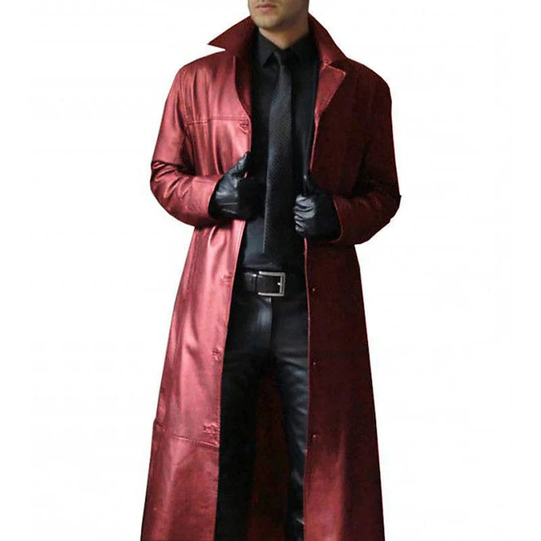 Genuine Leather Coat with Thermal Insulation and Adjustable Collar, Hip Length