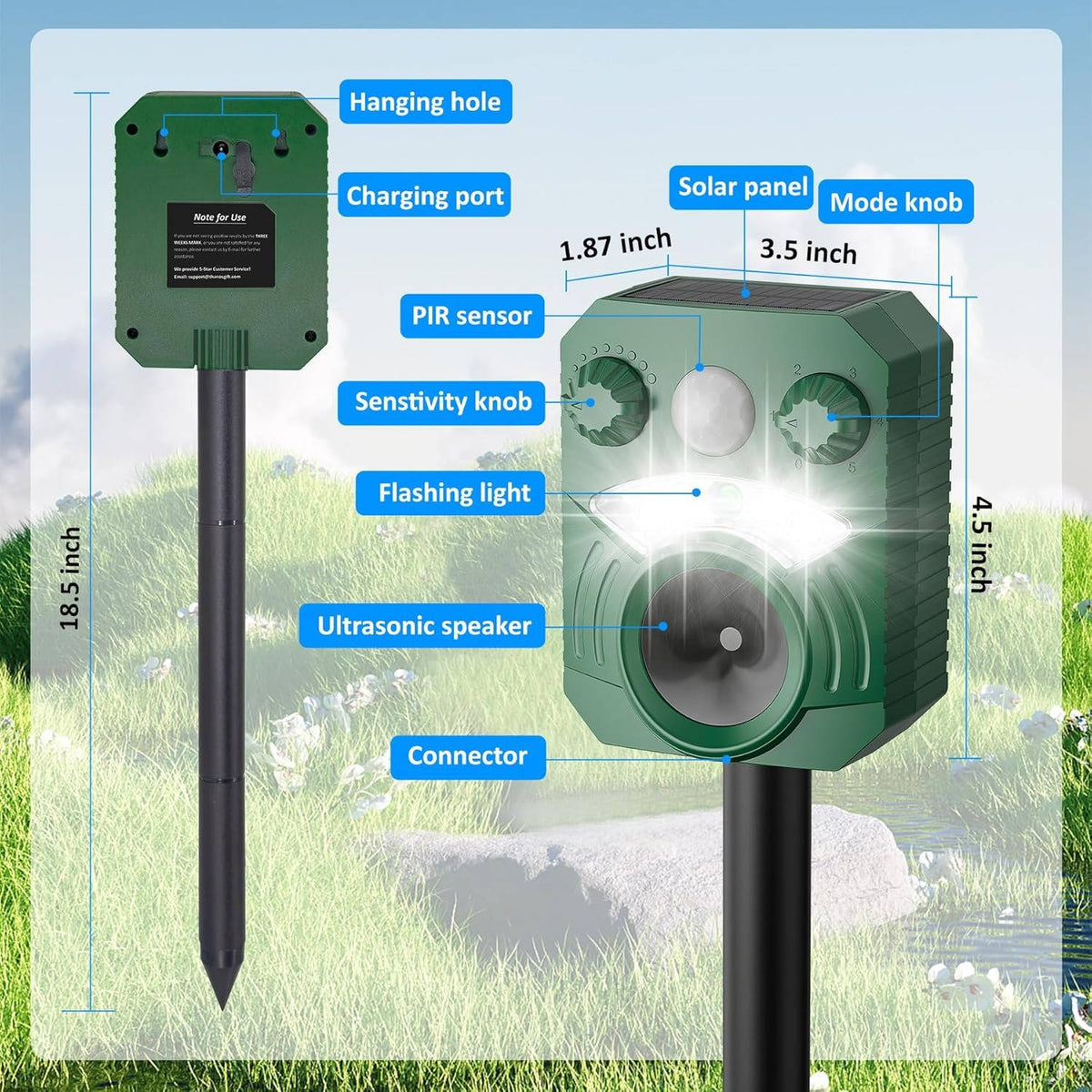 Motion Activated Animal Deterrent with Solar Panel and Flashing Lights, Waterproof