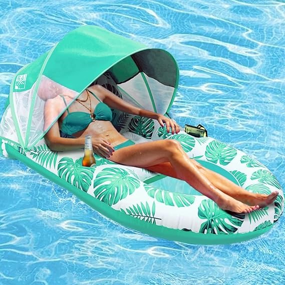 Inflatable Pool Lounge Float with Adjustable Canopy and Cup Holder, 300lb Capacity