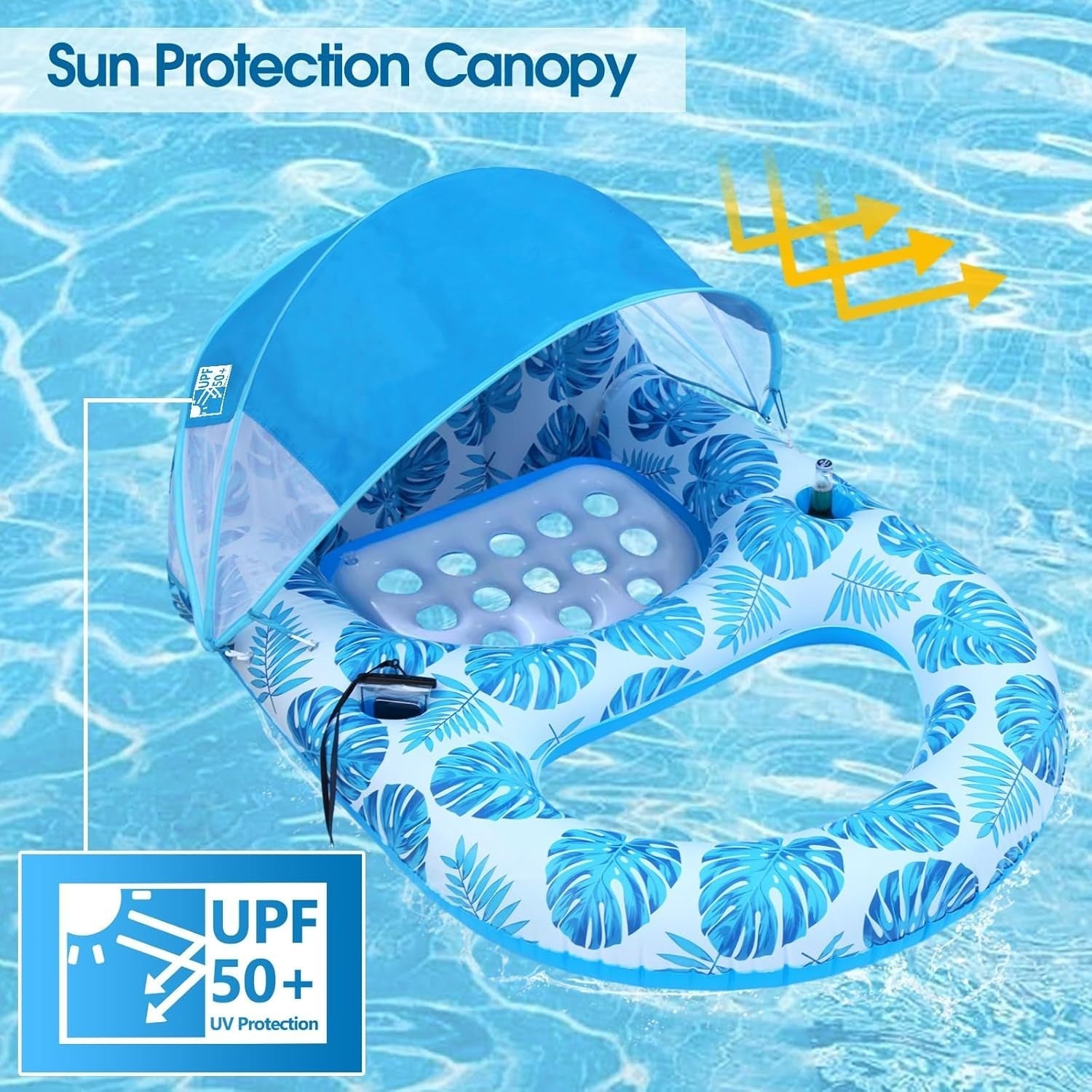 Inflatable Pool Lounge Float with Adjustable Canopy and Cup Holder, 300lb Capacity