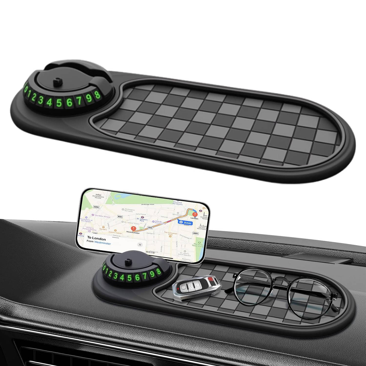 Dashboard Phone Holder with 360-Degree Rotation and Storage Compartments