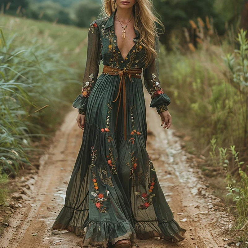 Sleeveless Maxi Dress with Hand Embroidered Floral and Tiered Chiffon Layers