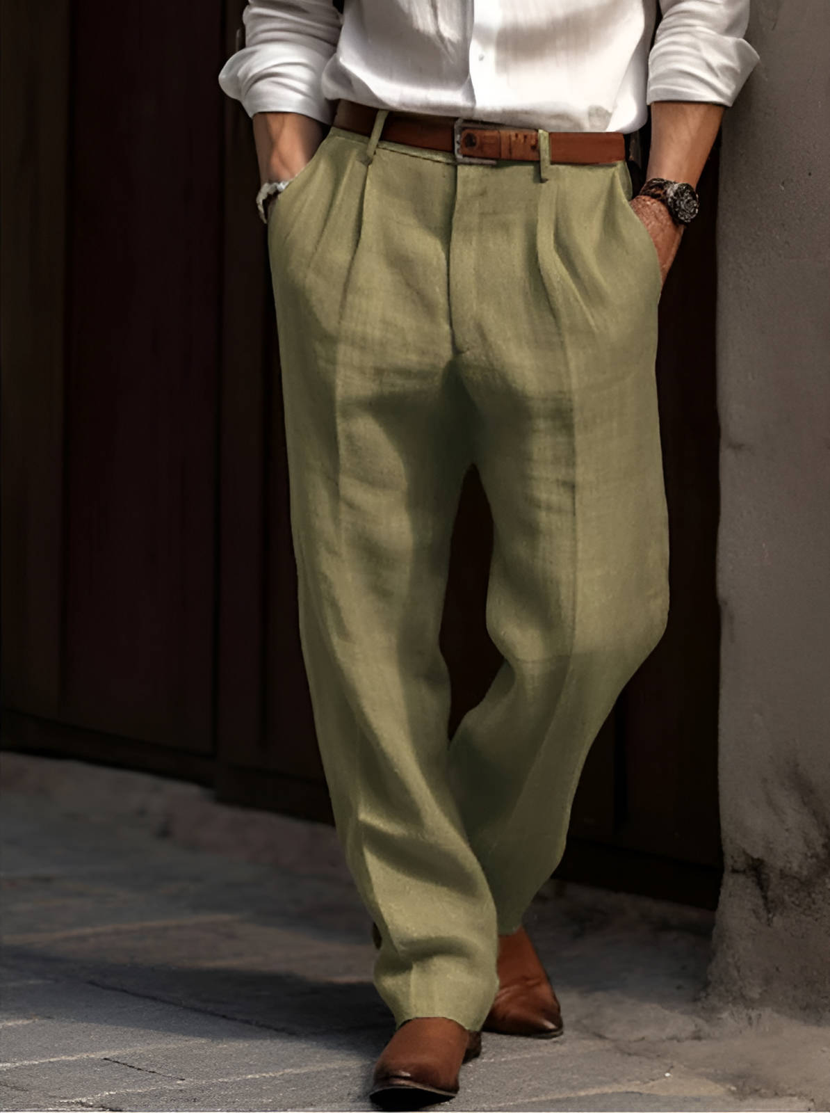 Men's Cotton Linen Blend Pants with Elastic Waist and Pleated Front, Machine Washable