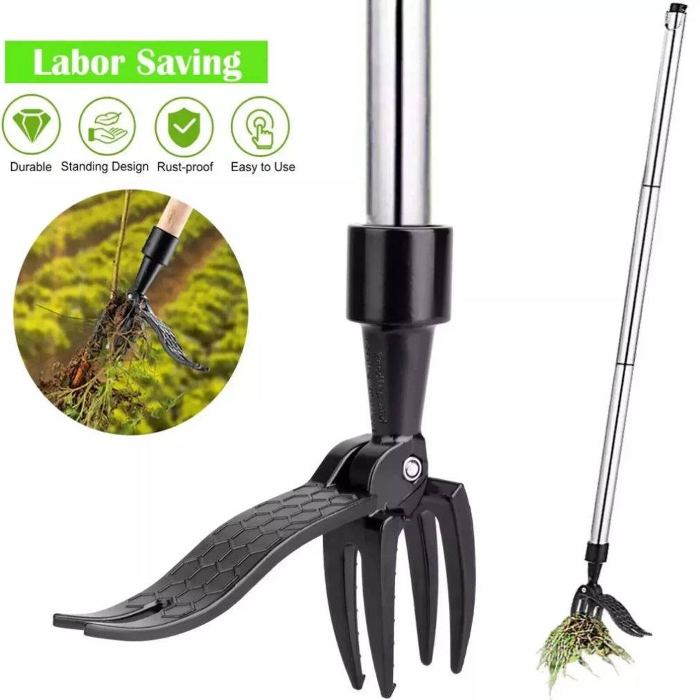 Weed Puller with Four Steel Claws and Bamboo Handle for Standing Yard Work